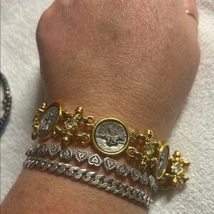 Premier Designs Intaglio Pegasus Coin and Angel Gold Tone Bracelet 7”